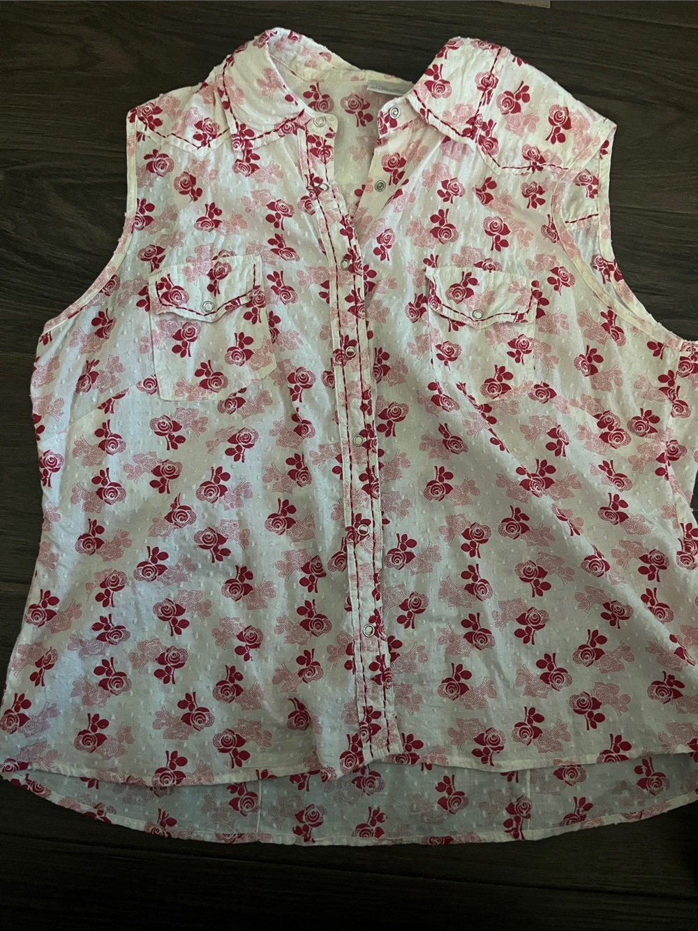 Sleeveless Button-Down Floral Shirt - White with Pink Rose Print